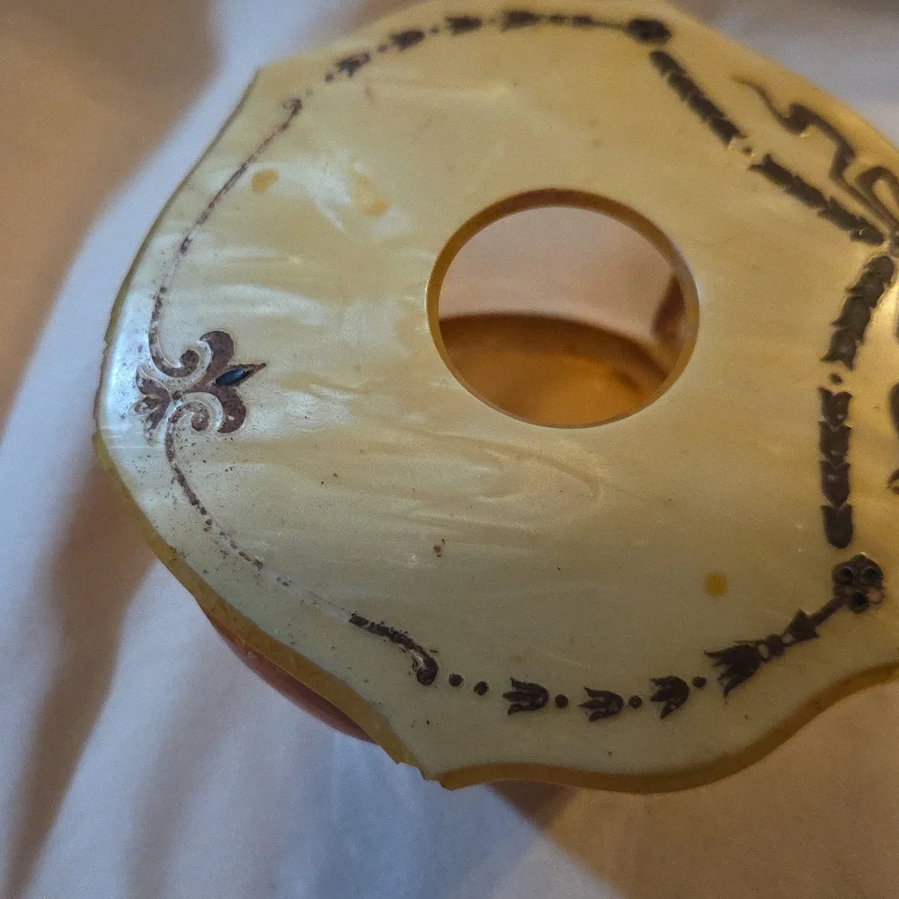 Vanity Powder Box/ Hair Reciever . Amber Glass With Celluloid Lid Vintage